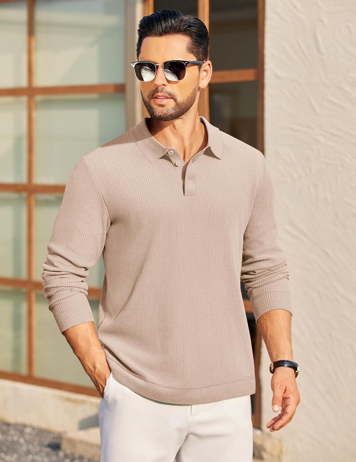 imageCOOFANDY Mens Long Sleeve Polo Knit Polo Sweater Collared Pullover Casual Golf Polo SweaterLight Brown