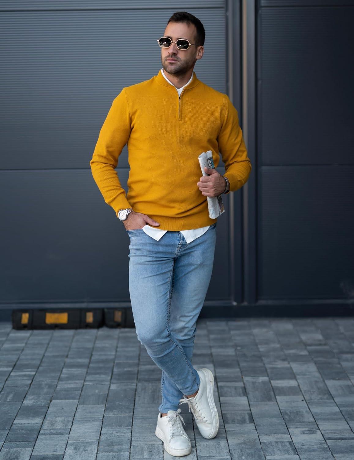 imageCOOFANDY Mens Quarter Zip Pullover Slim Fit Knit Sweater Lightweight Mock Neck Casual SweatersLight Brown
