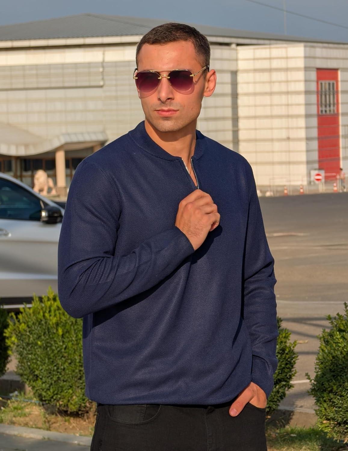 imageCOOFANDY Mens Quarter Zip Pullover Slim Fit Knit Sweater Lightweight Mock Neck Casual SweatersNavy Blue