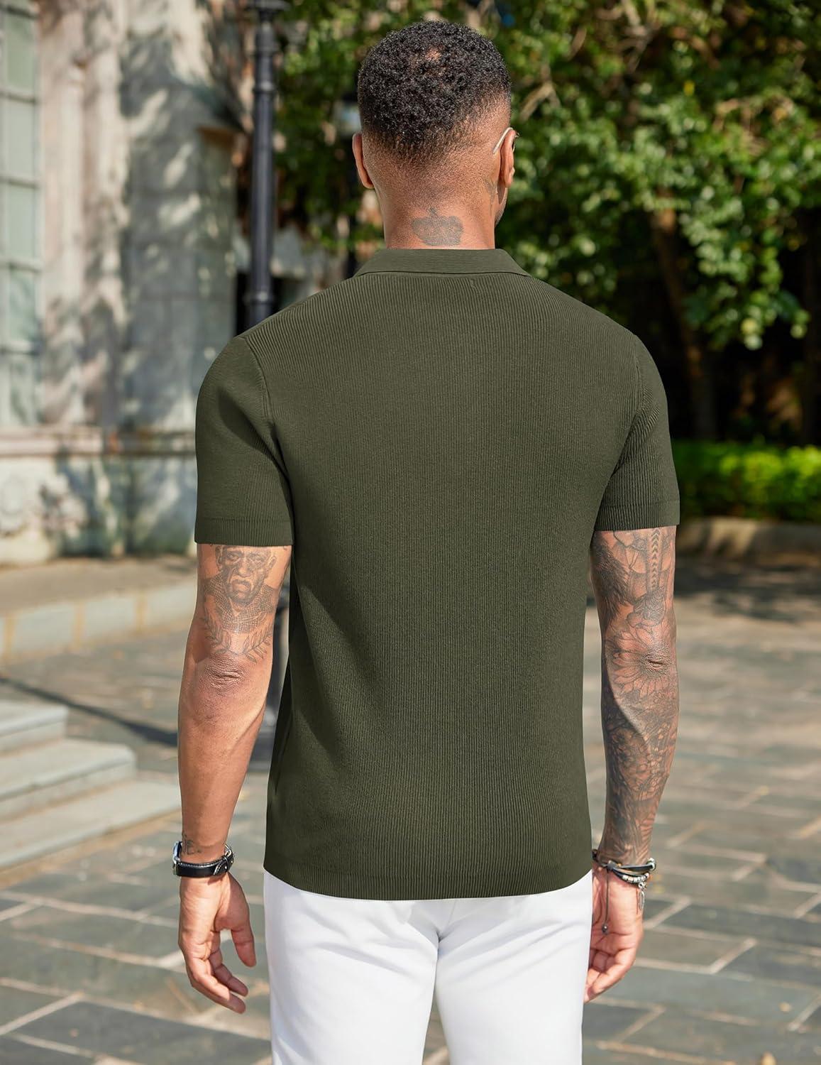 imageCOOFANDY Mens Slim Fit Knit Polo Shirts Business Lightweight Polo Sweater Casual Summer Ribbed Textured Collared T ShirtArmy Green