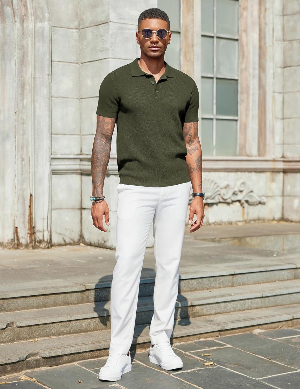 imageCOOFANDY Mens Slim Fit Knit Polo Shirts Business Lightweight Polo Sweater Casual Summer Ribbed Textured Collared T ShirtArmy Green