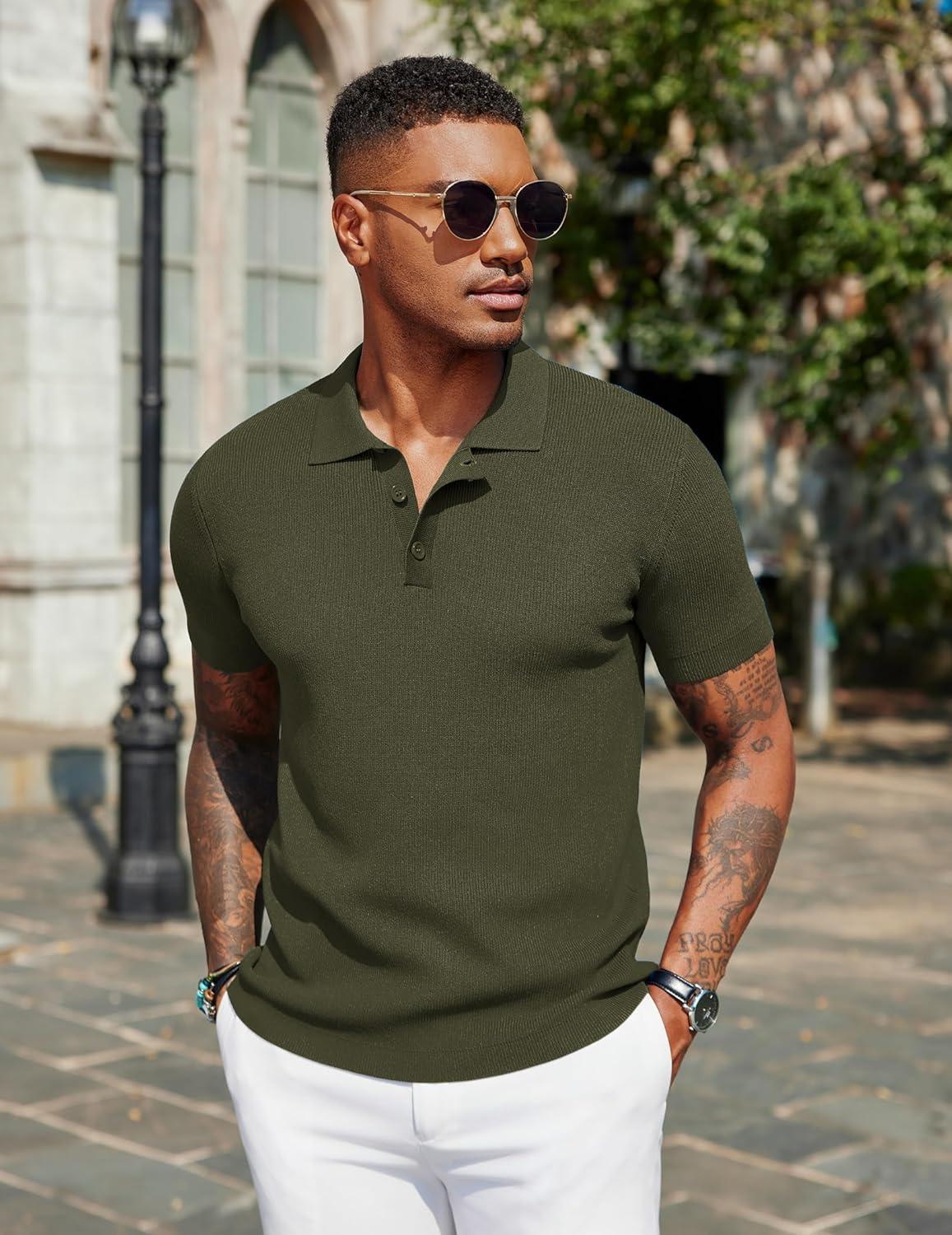 imageCOOFANDY Mens Slim Fit Knit Polo Shirts Business Lightweight Polo Sweater Casual Summer Ribbed Textured Collared T ShirtArmy Green