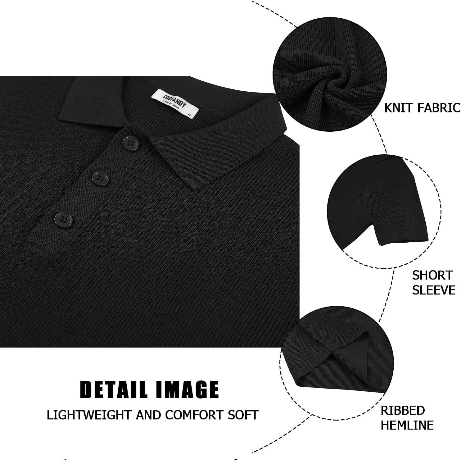 imageCOOFANDY Mens Slim Fit Knit Polo Shirts Business Lightweight Polo Sweater Casual Summer Ribbed Textured Collared T ShirtBlack