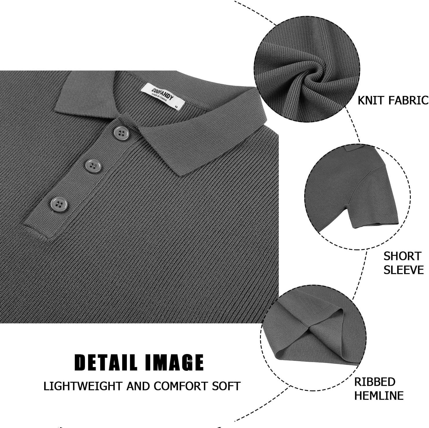 imageCOOFANDY Mens Slim Fit Knit Polo Shirts Business Lightweight Polo Sweater Casual Summer Ribbed Textured Collared T ShirtDark Grey