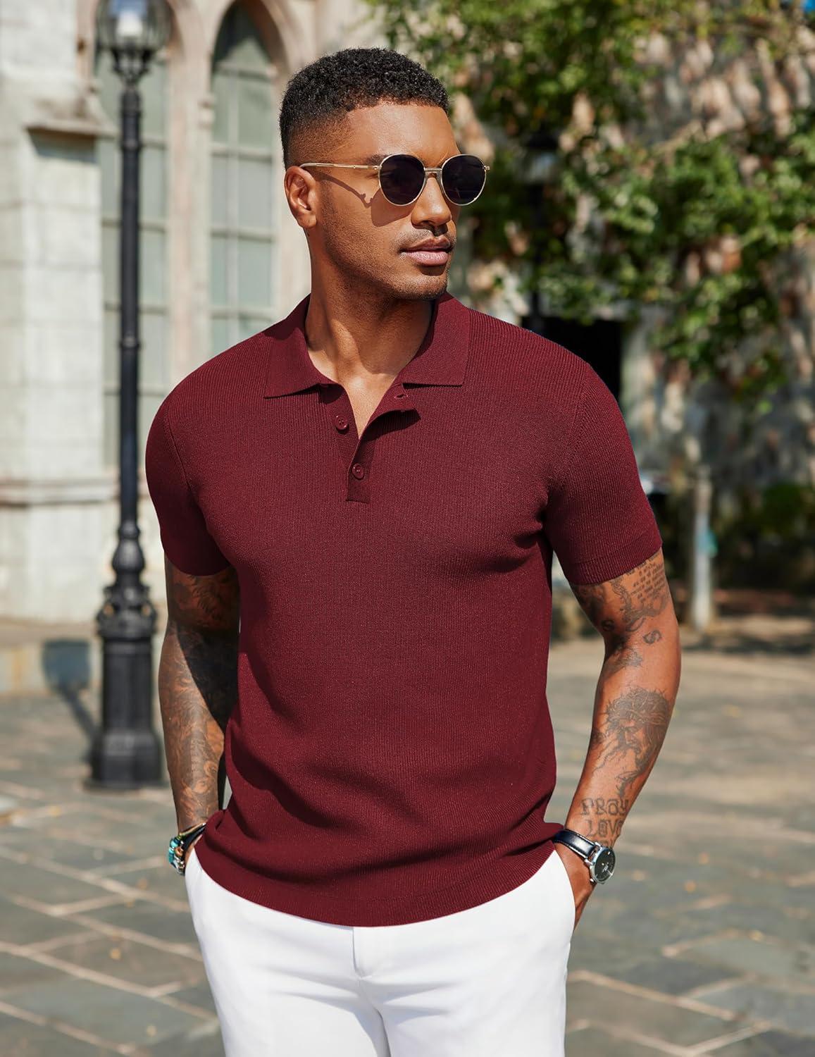 imageCOOFANDY Mens Slim Fit Knit Polo Shirts Business Lightweight Polo Sweater Casual Summer Ribbed Textured Collared T ShirtDark Red