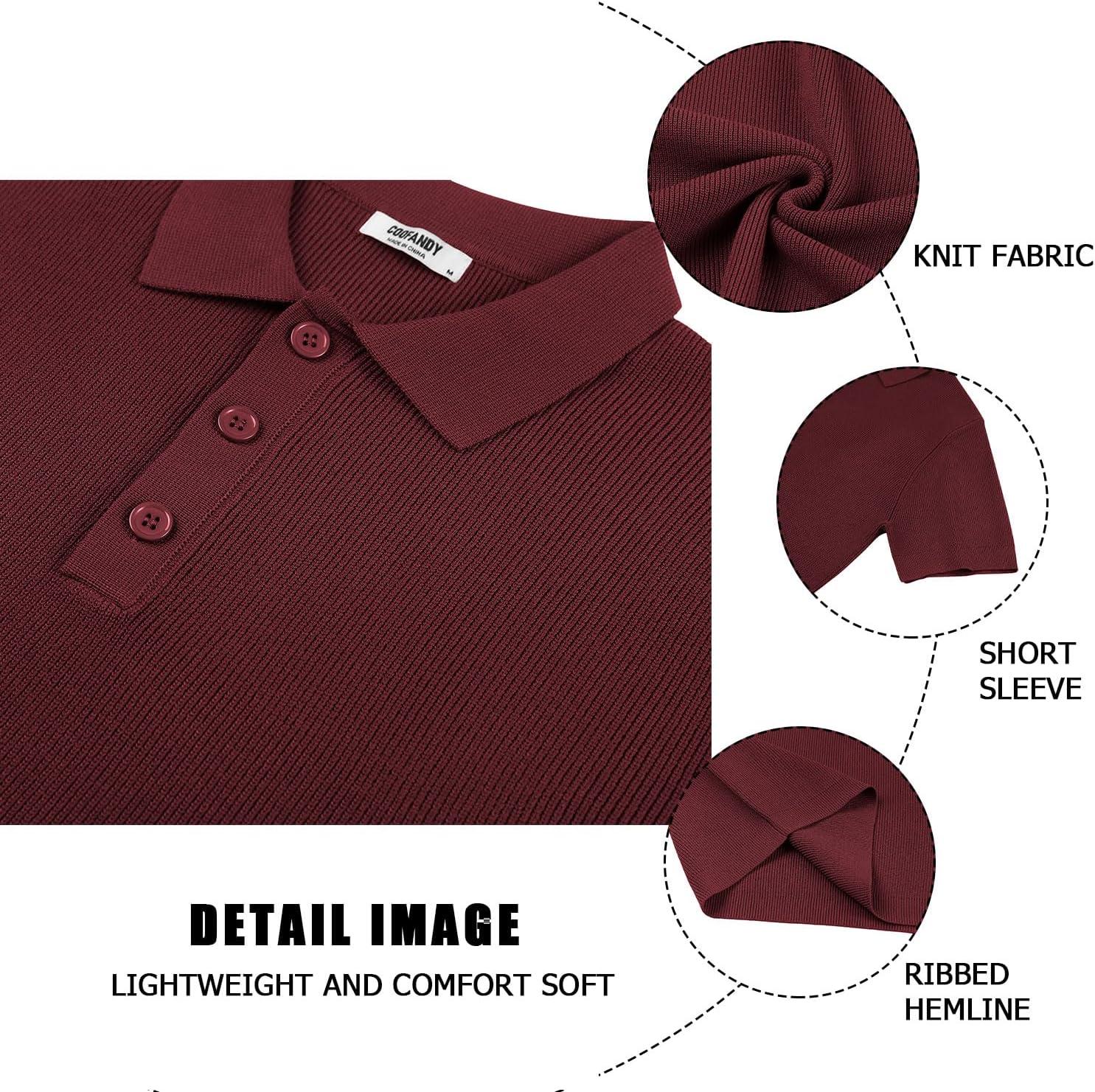 imageCOOFANDY Mens Slim Fit Knit Polo Shirts Business Lightweight Polo Sweater Casual Summer Ribbed Textured Collared T ShirtDark Red