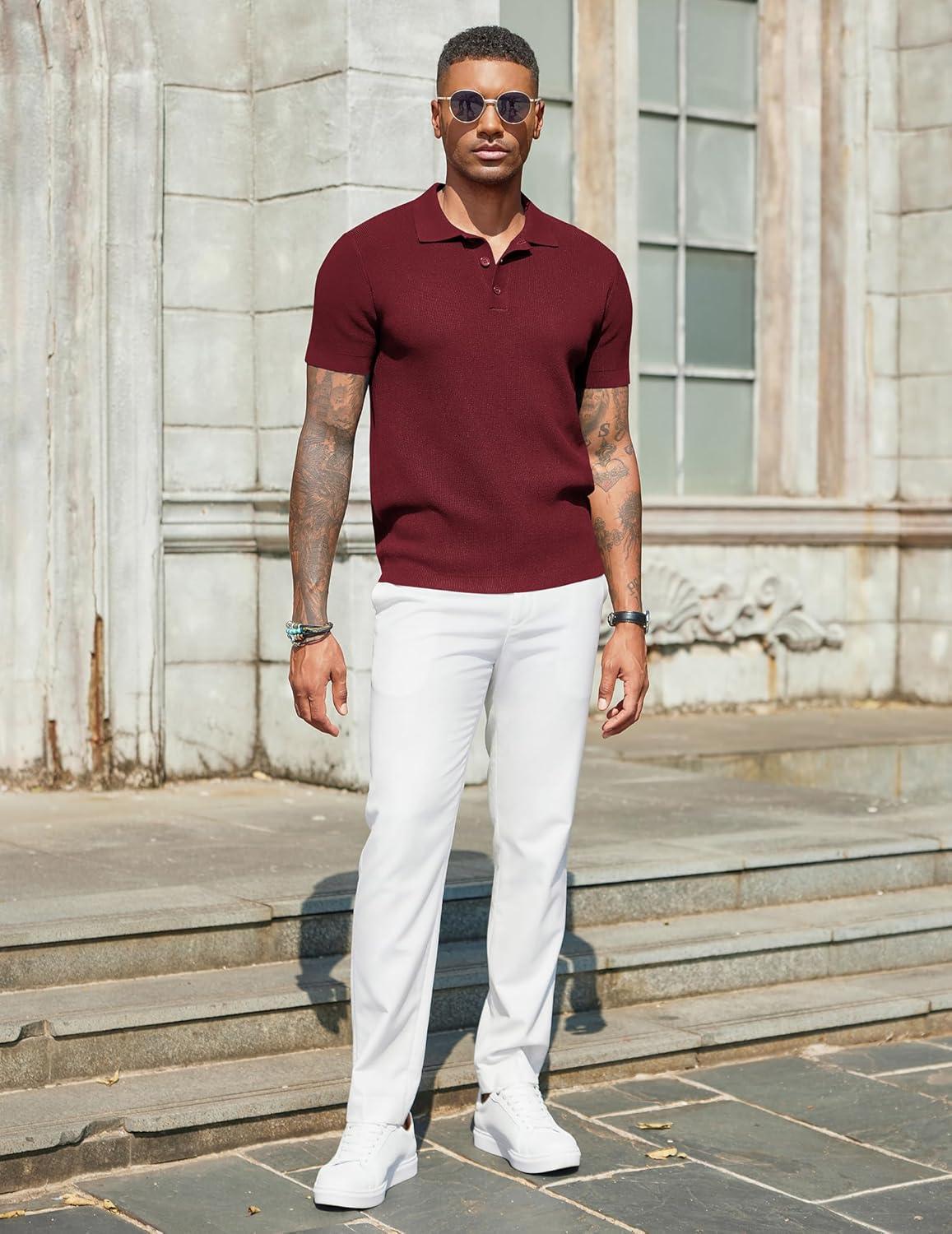 imageCOOFANDY Mens Slim Fit Knit Polo Shirts Business Lightweight Polo Sweater Casual Summer Ribbed Textured Collared T ShirtDark Red
