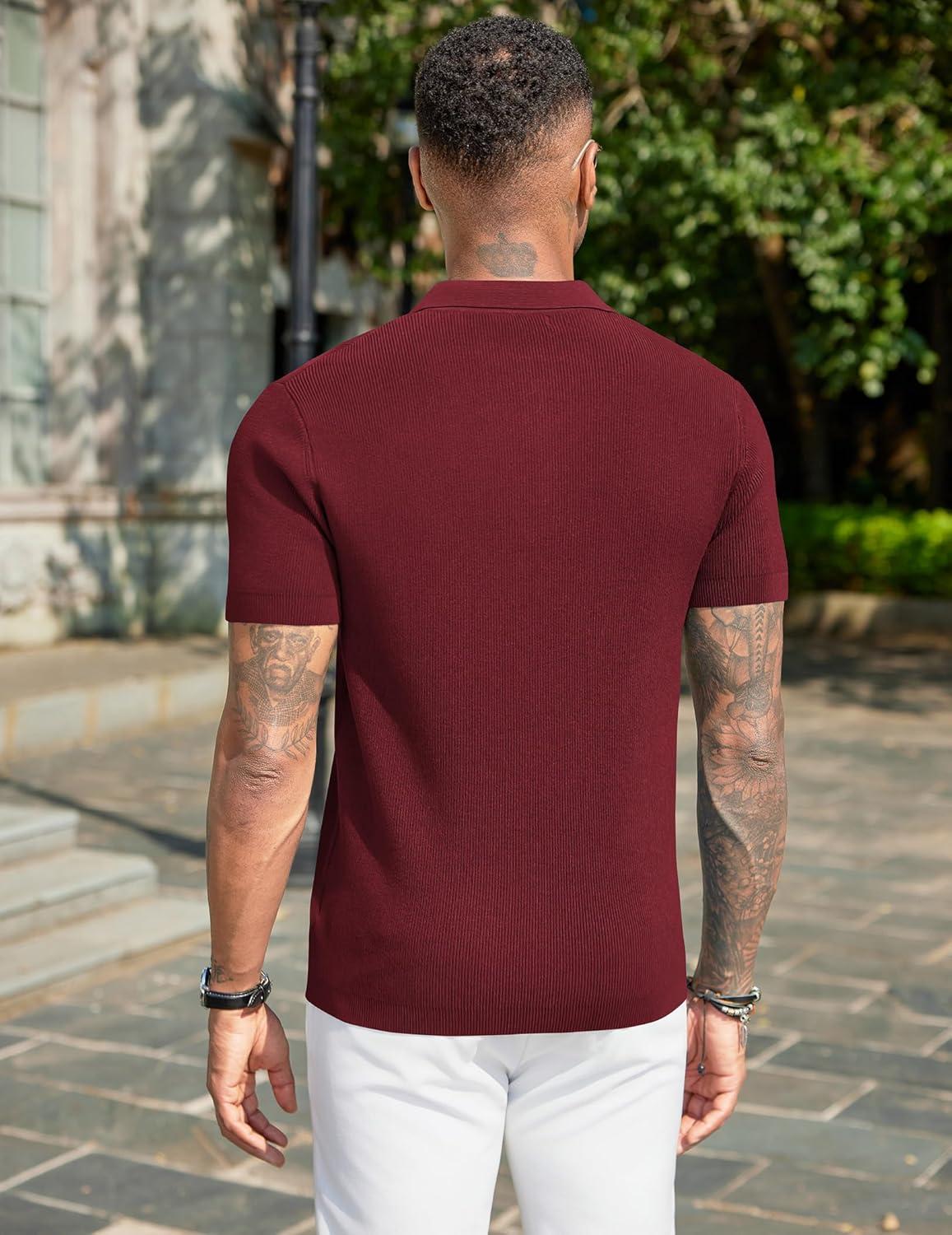 imageCOOFANDY Mens Slim Fit Knit Polo Shirts Business Lightweight Polo Sweater Casual Summer Ribbed Textured Collared T ShirtDark Red