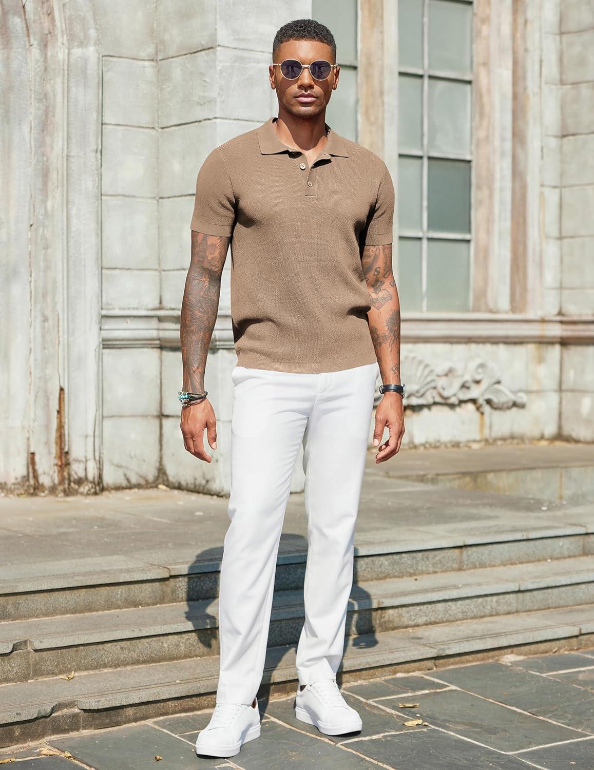 imageCOOFANDY Mens Slim Fit Knit Polo Shirts Business Lightweight Polo Sweater Casual Summer Ribbed Textured Collared T ShirtKhaki