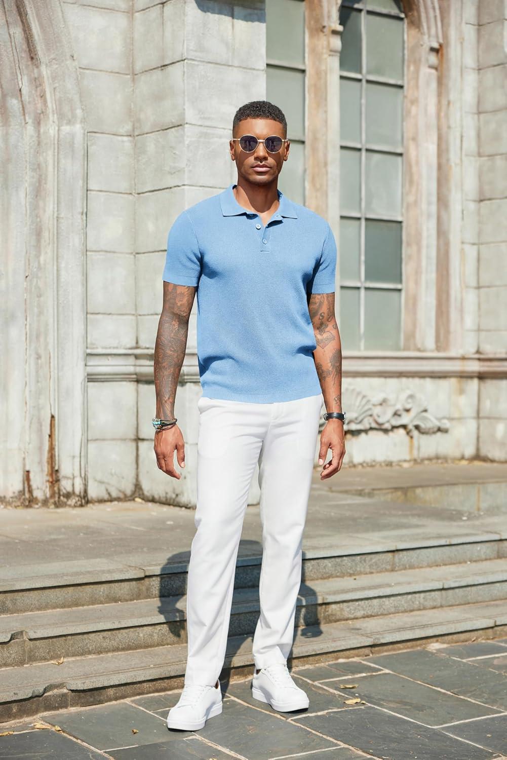 imageCOOFANDY Mens Slim Fit Knit Polo Shirts Business Lightweight Polo Sweater Casual Summer Ribbed Textured Collared T ShirtLight Blue