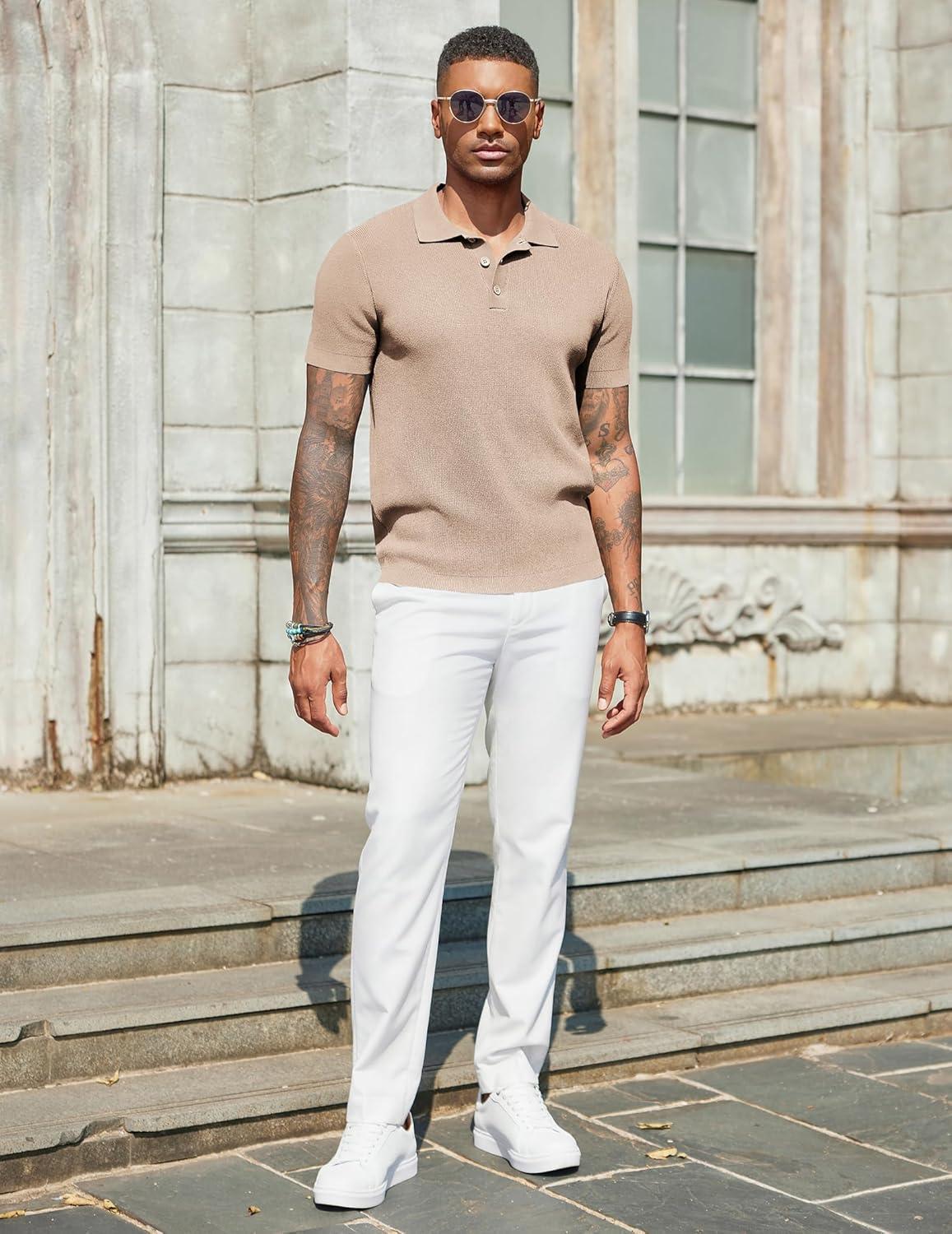 imageCOOFANDY Mens Slim Fit Knit Polo Shirts Business Lightweight Polo Sweater Casual Summer Ribbed Textured Collared T ShirtLight Coffee
