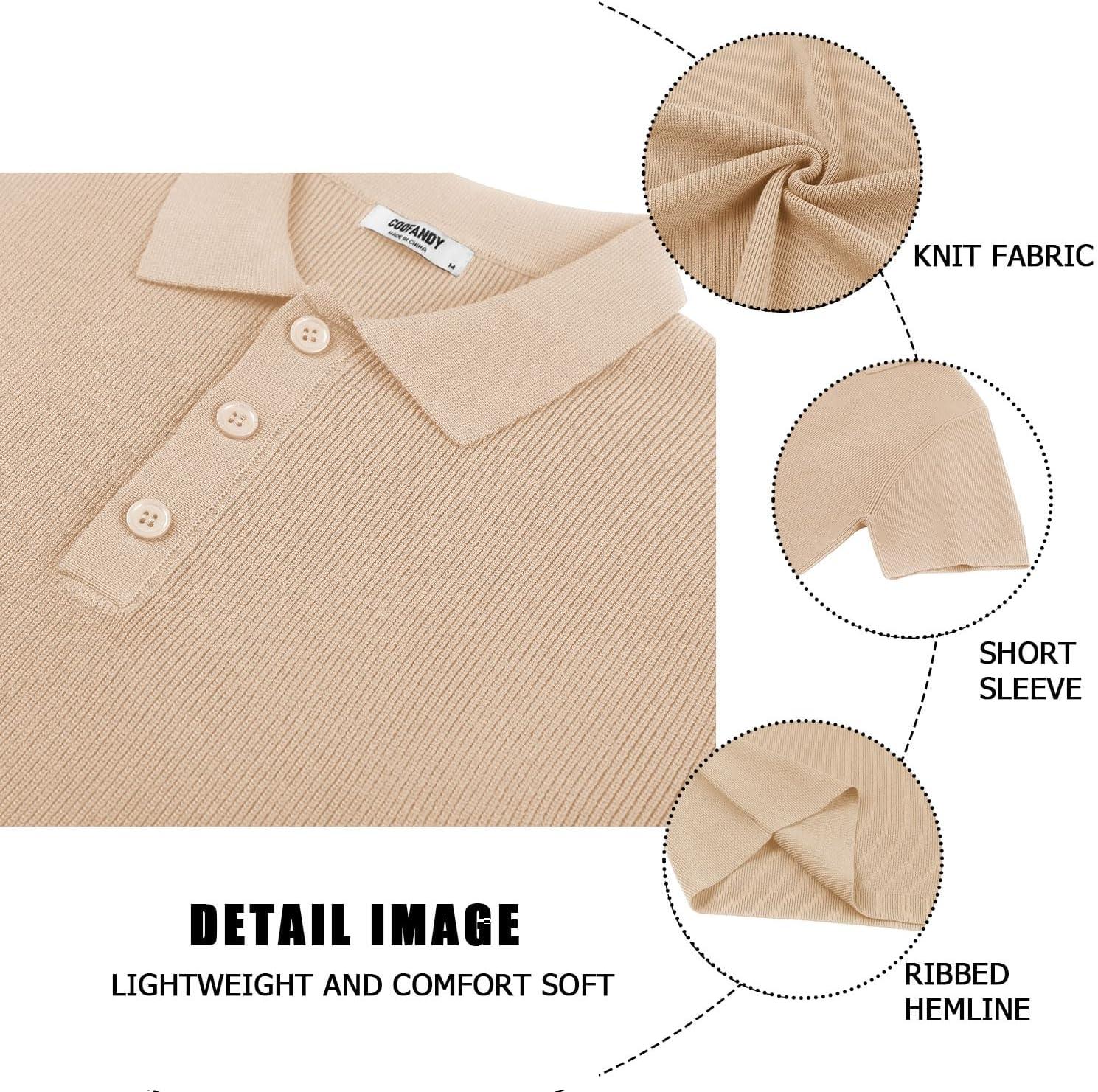 imageCOOFANDY Mens Slim Fit Knit Polo Shirts Business Lightweight Polo Sweater Casual Summer Ribbed Textured Collared T ShirtLight Coffee