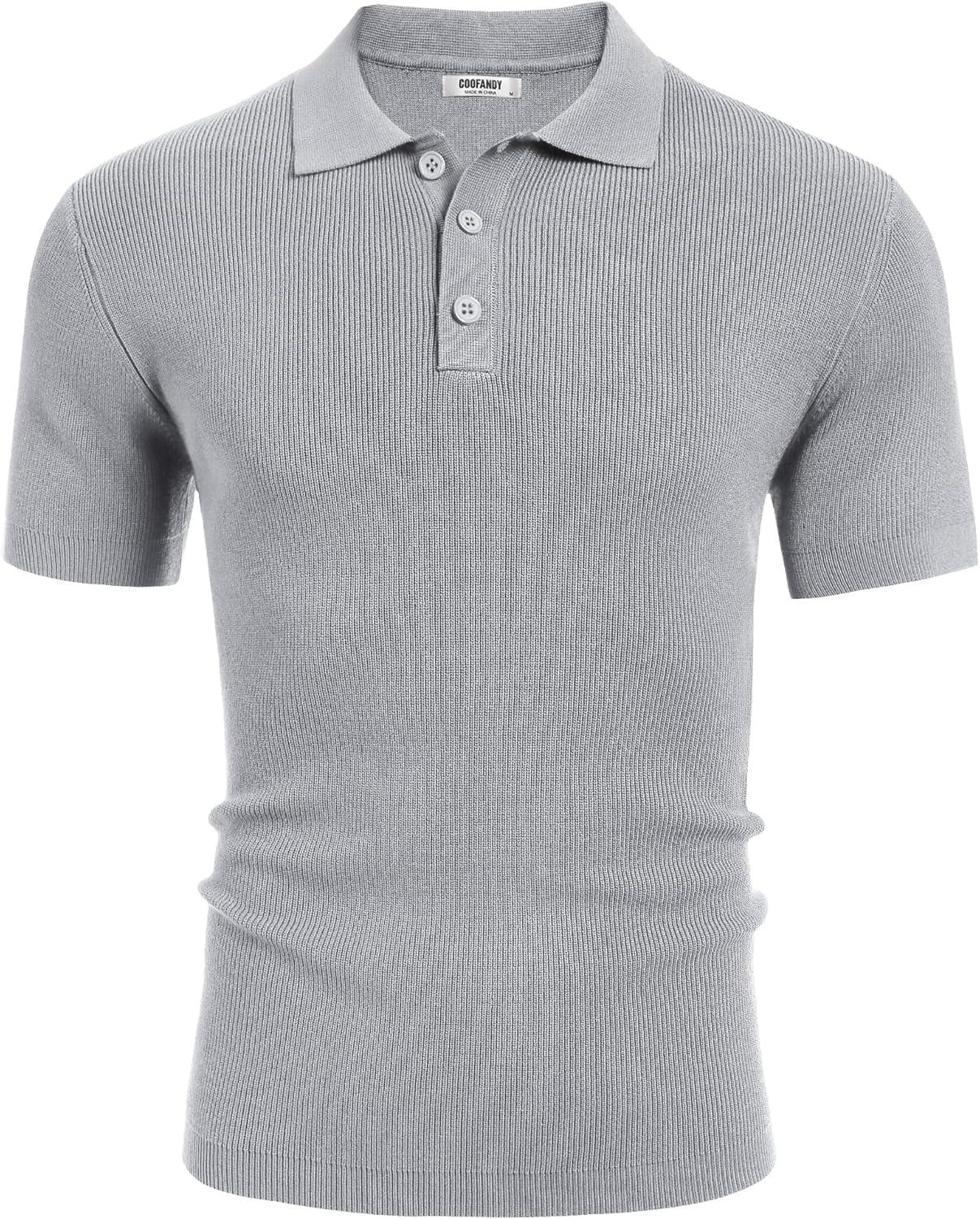 imageCOOFANDY Mens Slim Fit Knit Polo Shirts Business Lightweight Polo Sweater Casual Summer Ribbed Textured Collared T ShirtLight Grey