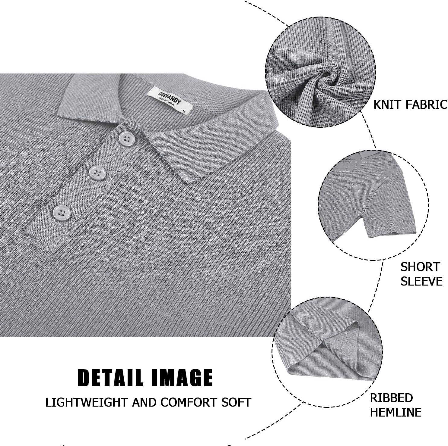 imageCOOFANDY Mens Slim Fit Knit Polo Shirts Business Lightweight Polo Sweater Casual Summer Ribbed Textured Collared T ShirtLight Grey