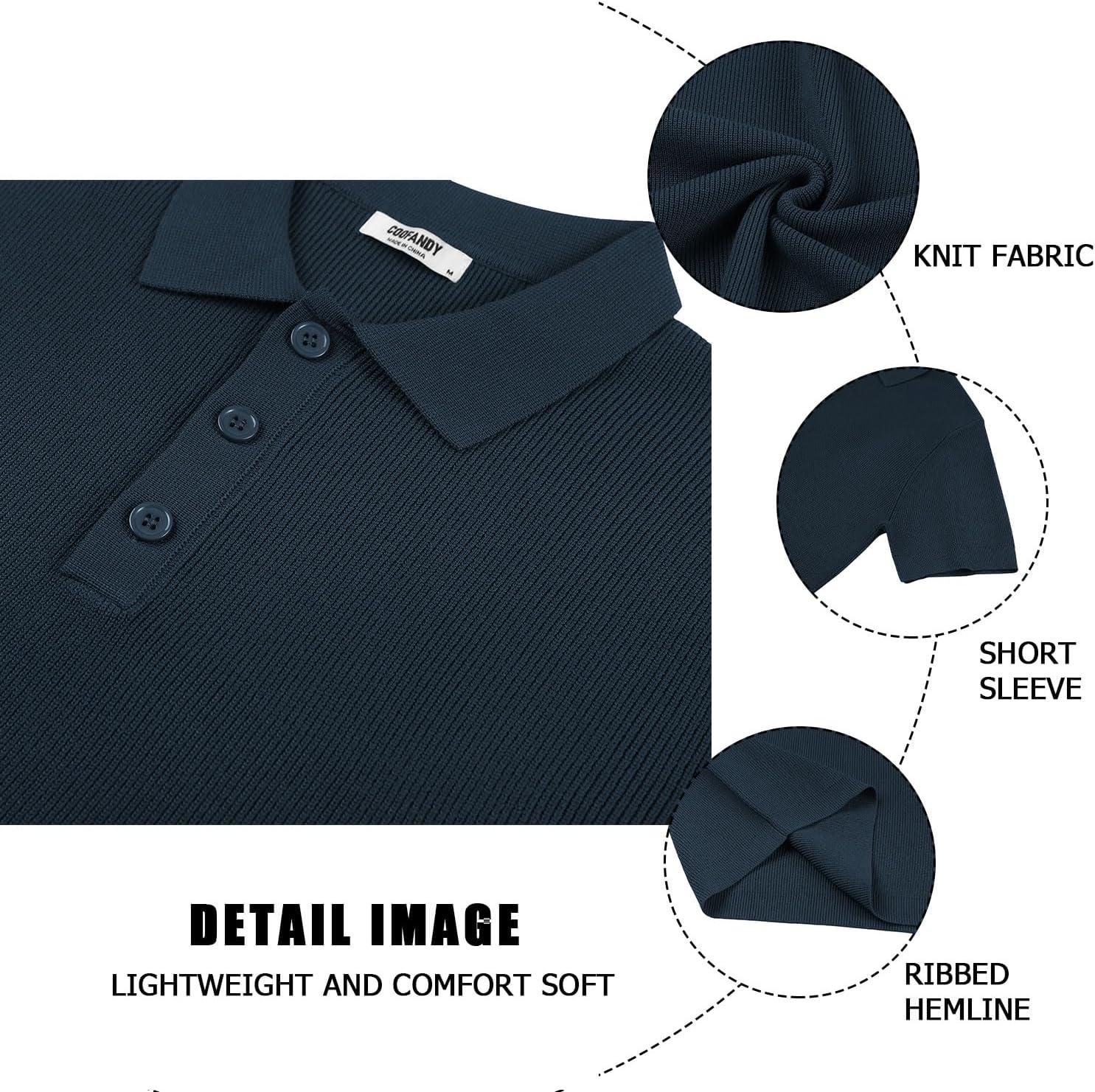 imageCOOFANDY Mens Slim Fit Knit Polo Shirts Business Lightweight Polo Sweater Casual Summer Ribbed Textured Collared T ShirtNavy Blue