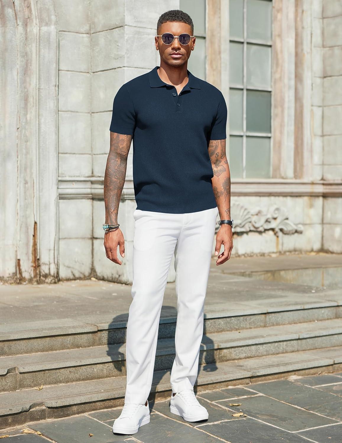 imageCOOFANDY Mens Slim Fit Knit Polo Shirts Business Lightweight Polo Sweater Casual Summer Ribbed Textured Collared T ShirtNavy Blue