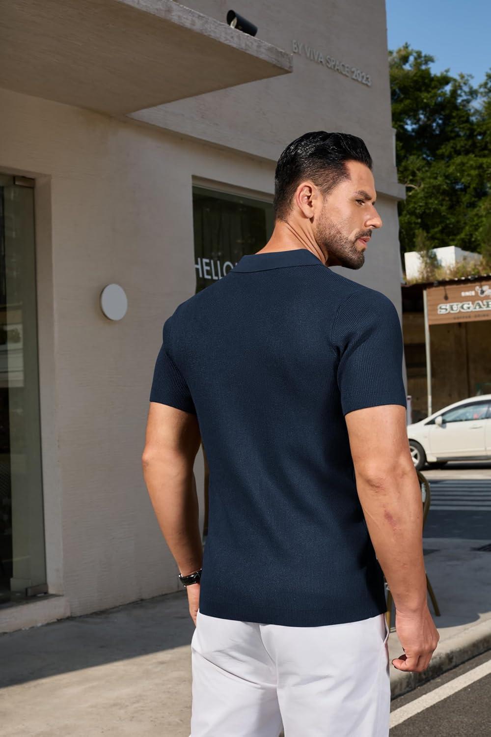 imageCOOFANDY Mens Slim Fit Knit Polo Shirts Business Lightweight Polo Sweater Casual Summer Ribbed Textured Collared T ShirtNavy Blue