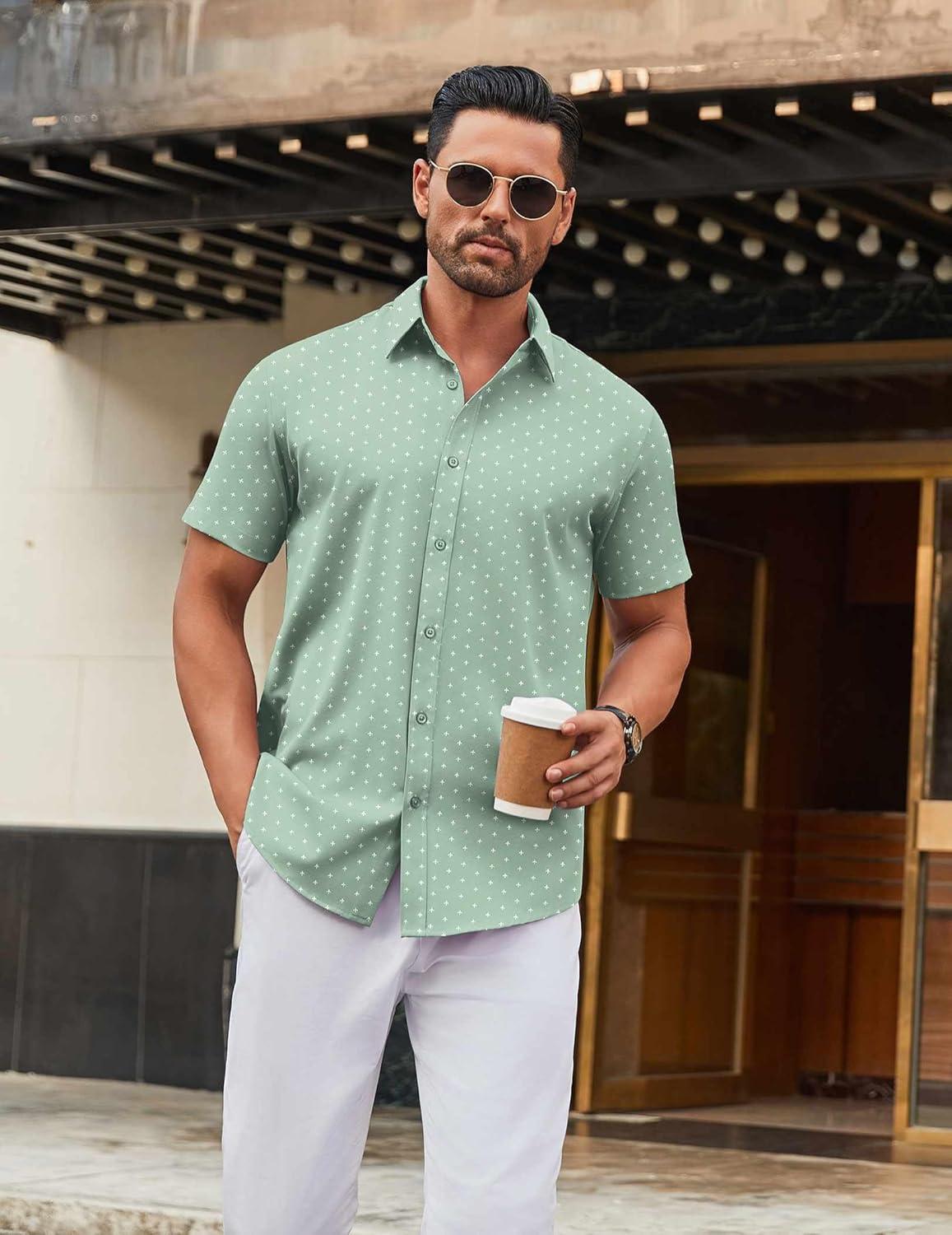 imageCOOFANDY Mens Stretch Dress Shirts Short Sleeve Wrinkle Free Casual Button Down ShirtsLight Greenflower