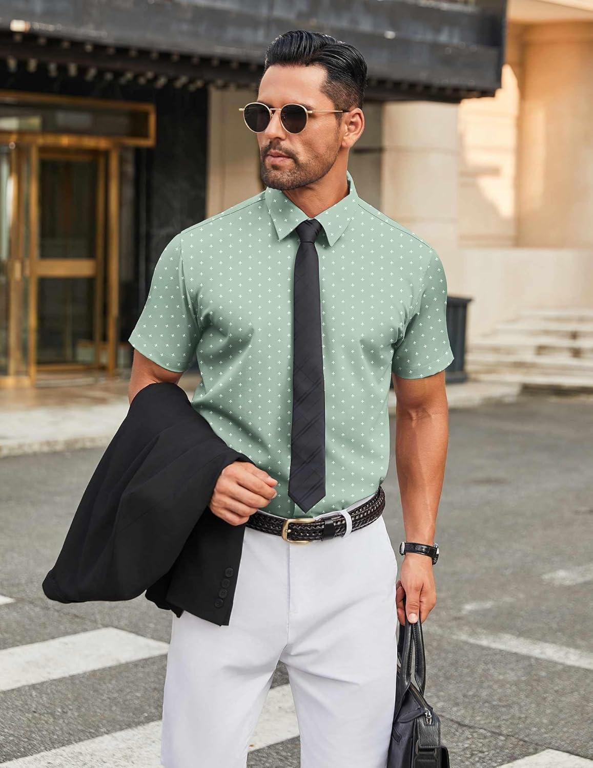 imageCOOFANDY Mens Stretch Dress Shirts Short Sleeve Wrinkle Free Casual Button Down ShirtsLight Greenflower