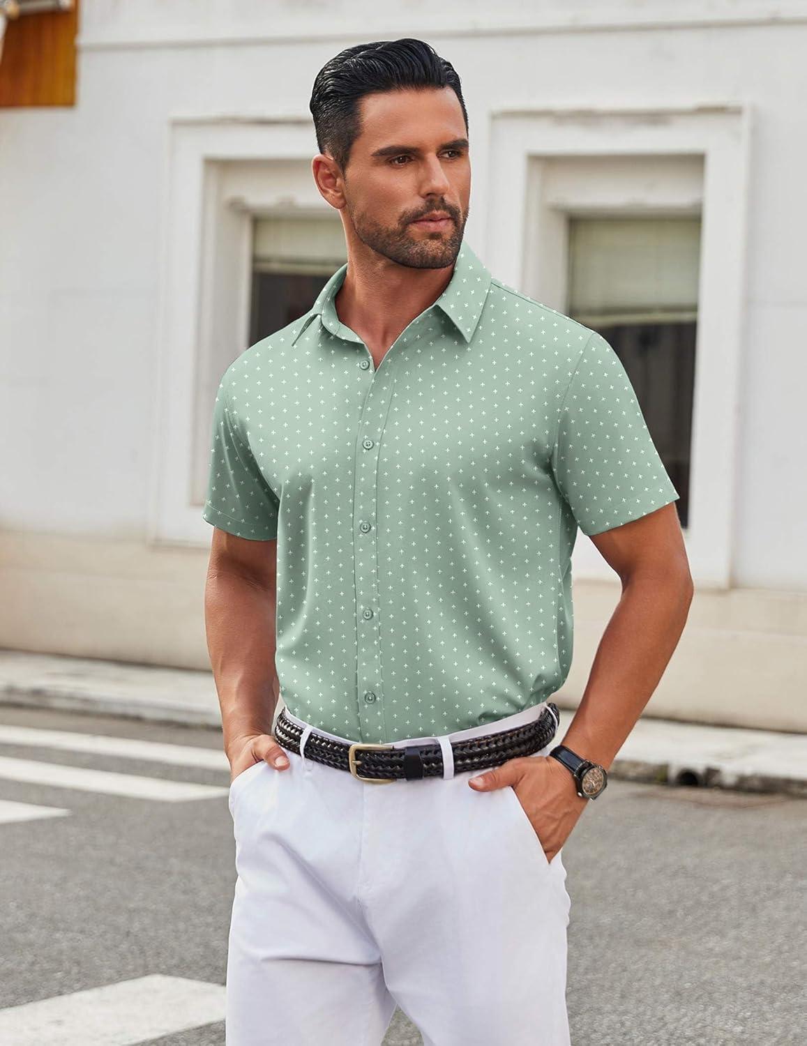 imageCOOFANDY Mens Stretch Dress Shirts Short Sleeve Wrinkle Free Casual Button Down ShirtsLight Greenflower