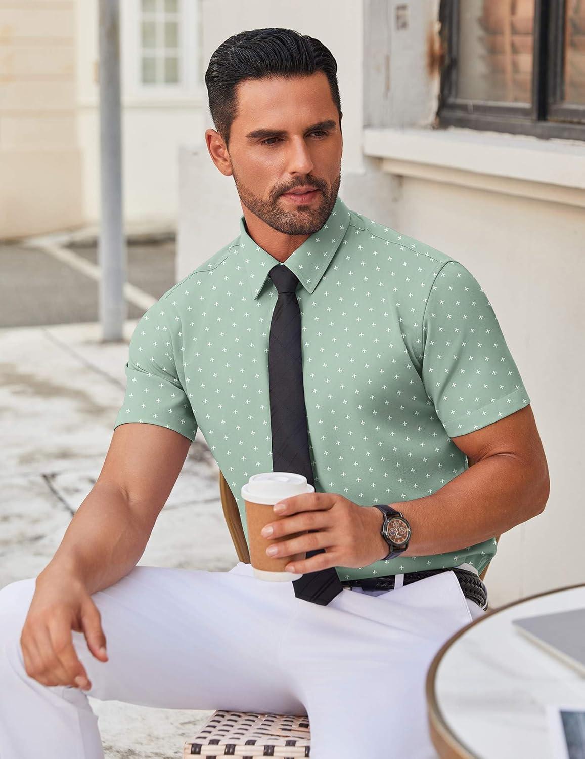 imageCOOFANDY Mens Stretch Dress Shirts Short Sleeve Wrinkle Free Casual Button Down ShirtsLight Greenflower