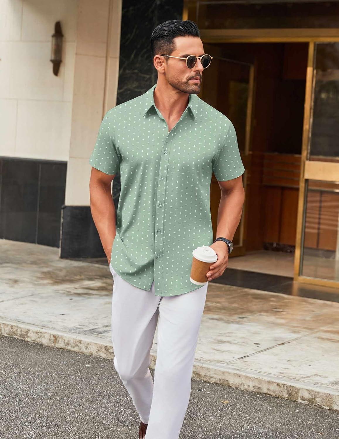 imageCOOFANDY Mens Stretch Dress Shirts Short Sleeve Wrinkle Free Casual Button Down ShirtsLight Greenflower