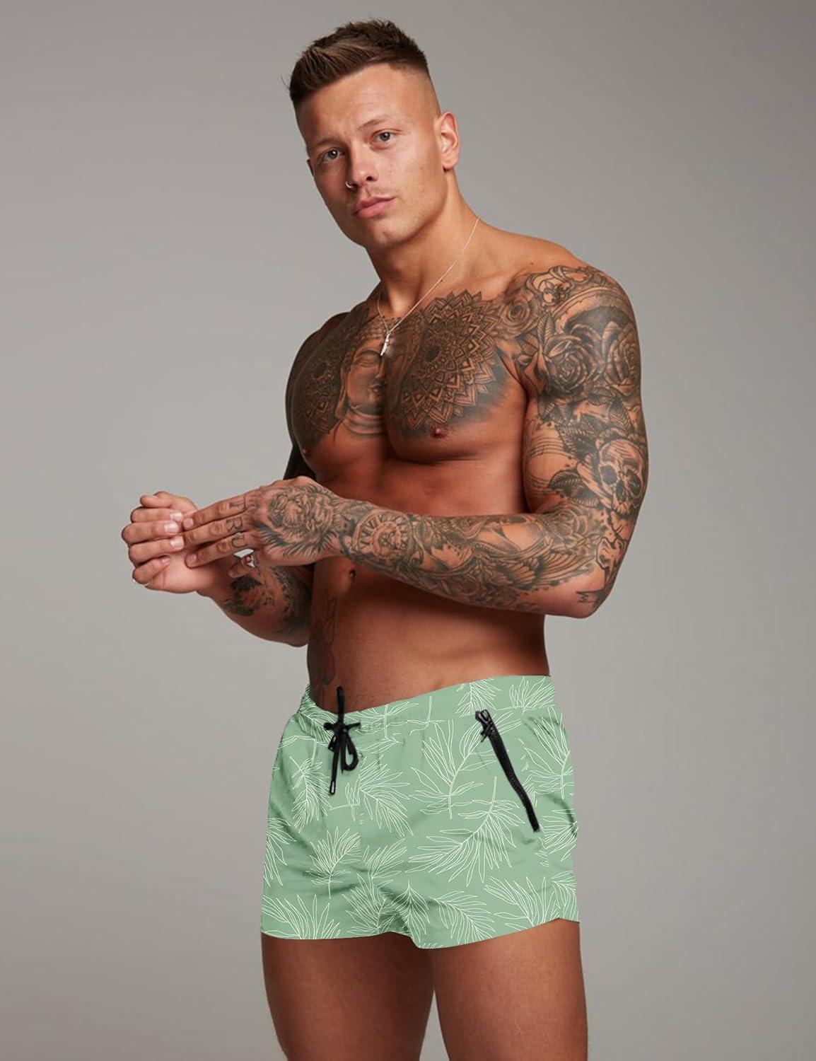 imageCOOFANDY Mens Swim Trunk Quick Dry Swimwear Mesh Lining Bathing Suit Swimsuit Board Beach Sport ShortLight Green Leaves