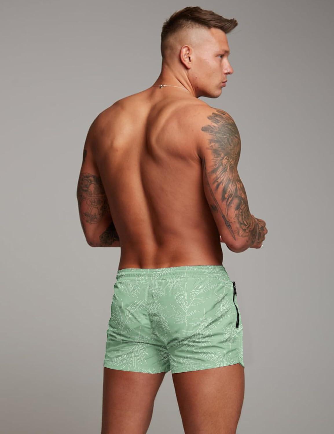 imageCOOFANDY Mens Swim Trunk Quick Dry Swimwear Mesh Lining Bathing Suit Swimsuit Board Beach Sport ShortLight Green Leaves