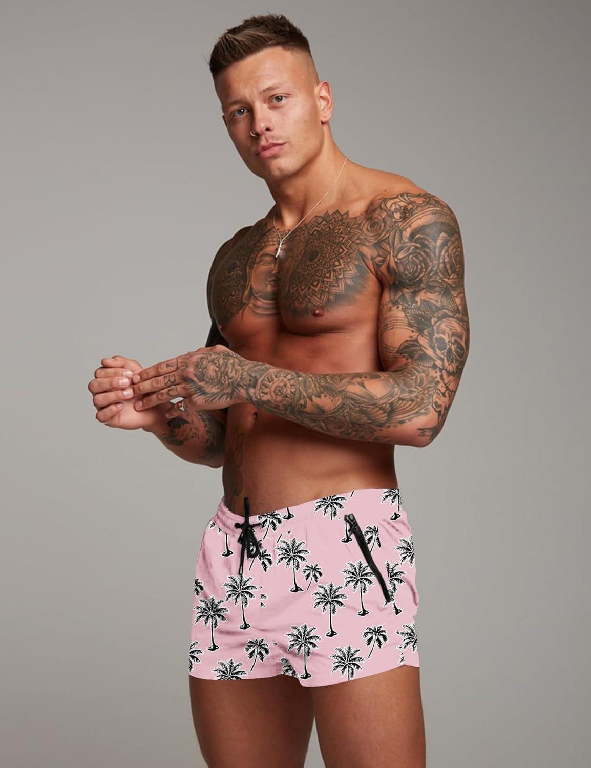 imageCOOFANDY Mens Swim Trunk Quick Dry Swimwear Mesh Lining Bathing Suit Swimsuit Board Beach Sport ShortPink Palm Tree