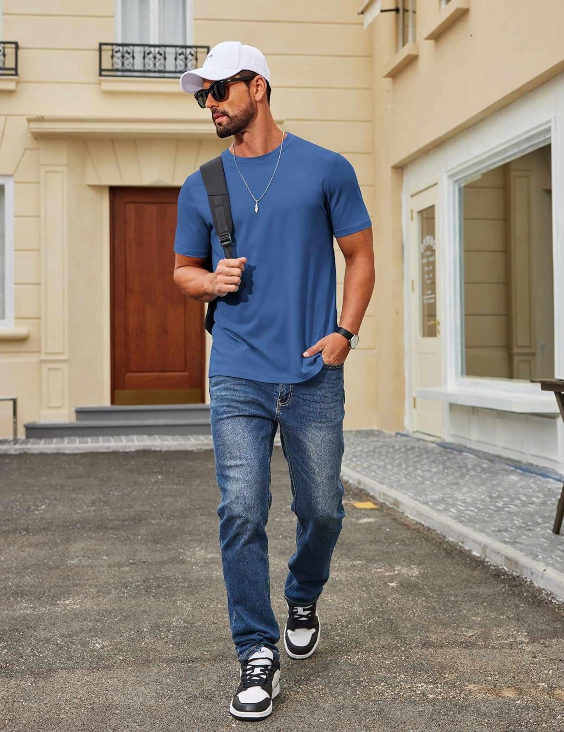 imageCOOFANDY Mens T Shirt Short Sleeve Cotton Blend TShirts Crew Neck Casual Summer Basic Tee ShirtsDazzling Blue