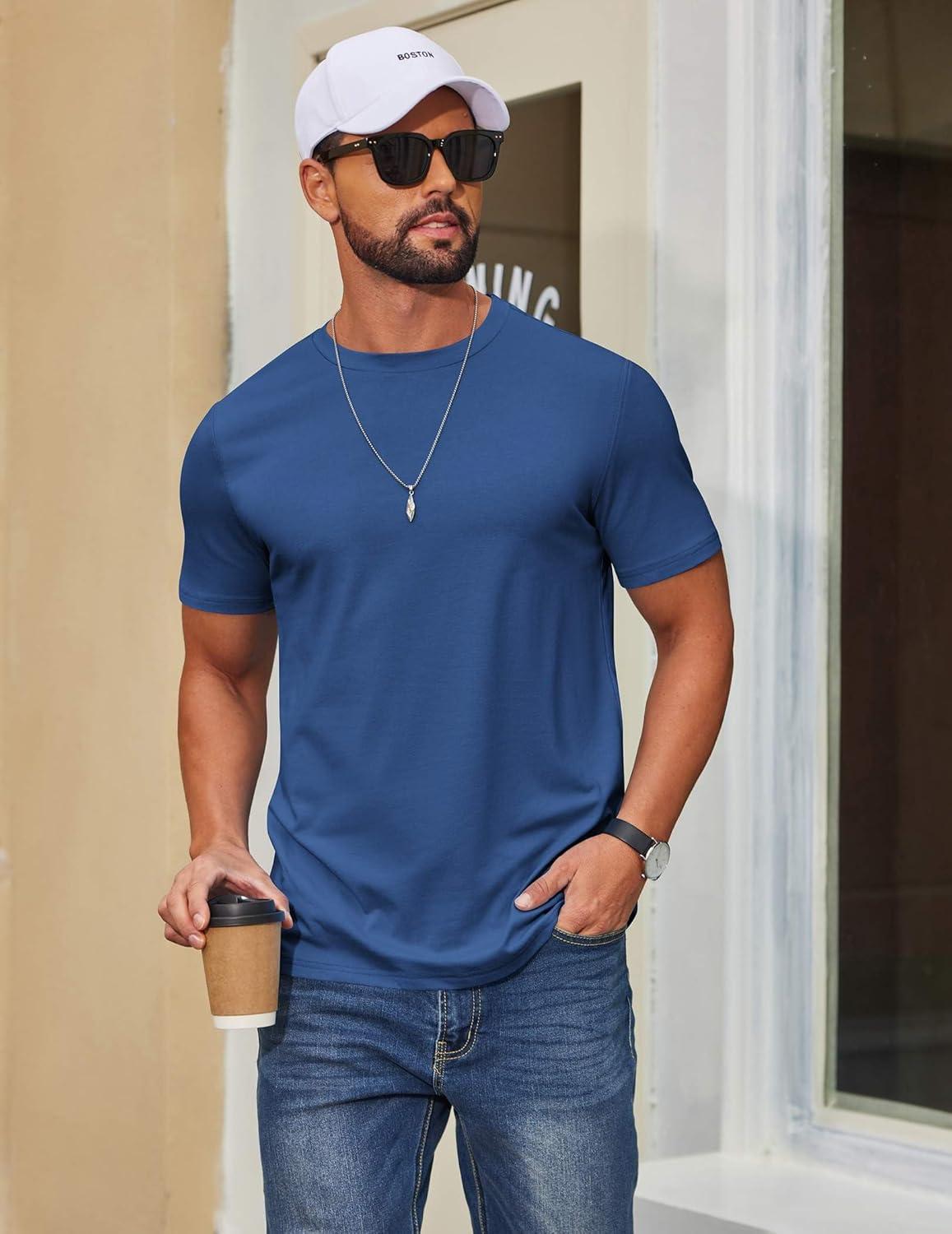 imageCOOFANDY Mens T Shirt Short Sleeve Cotton Blend TShirts Crew Neck Casual Summer Basic Tee ShirtsDazzling Blue