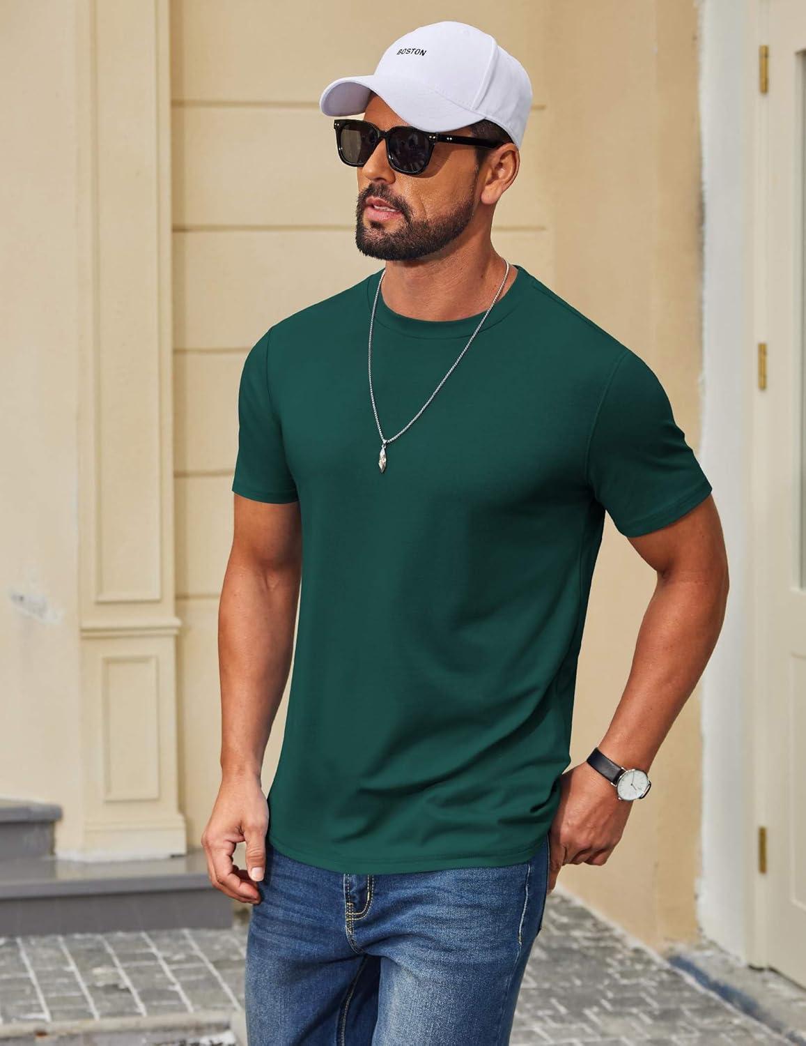 imageCOOFANDY Mens T Shirt Short Sleeve Cotton Blend TShirts Crew Neck Casual Summer Basic Tee ShirtsLake Green