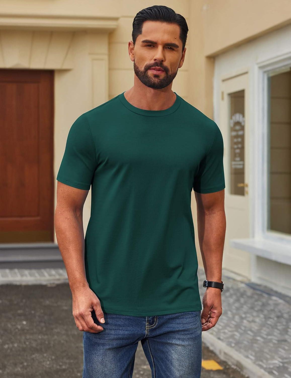 imageCOOFANDY Mens T Shirt Short Sleeve Cotton Blend TShirts Crew Neck Casual Summer Basic Tee ShirtsLake Green