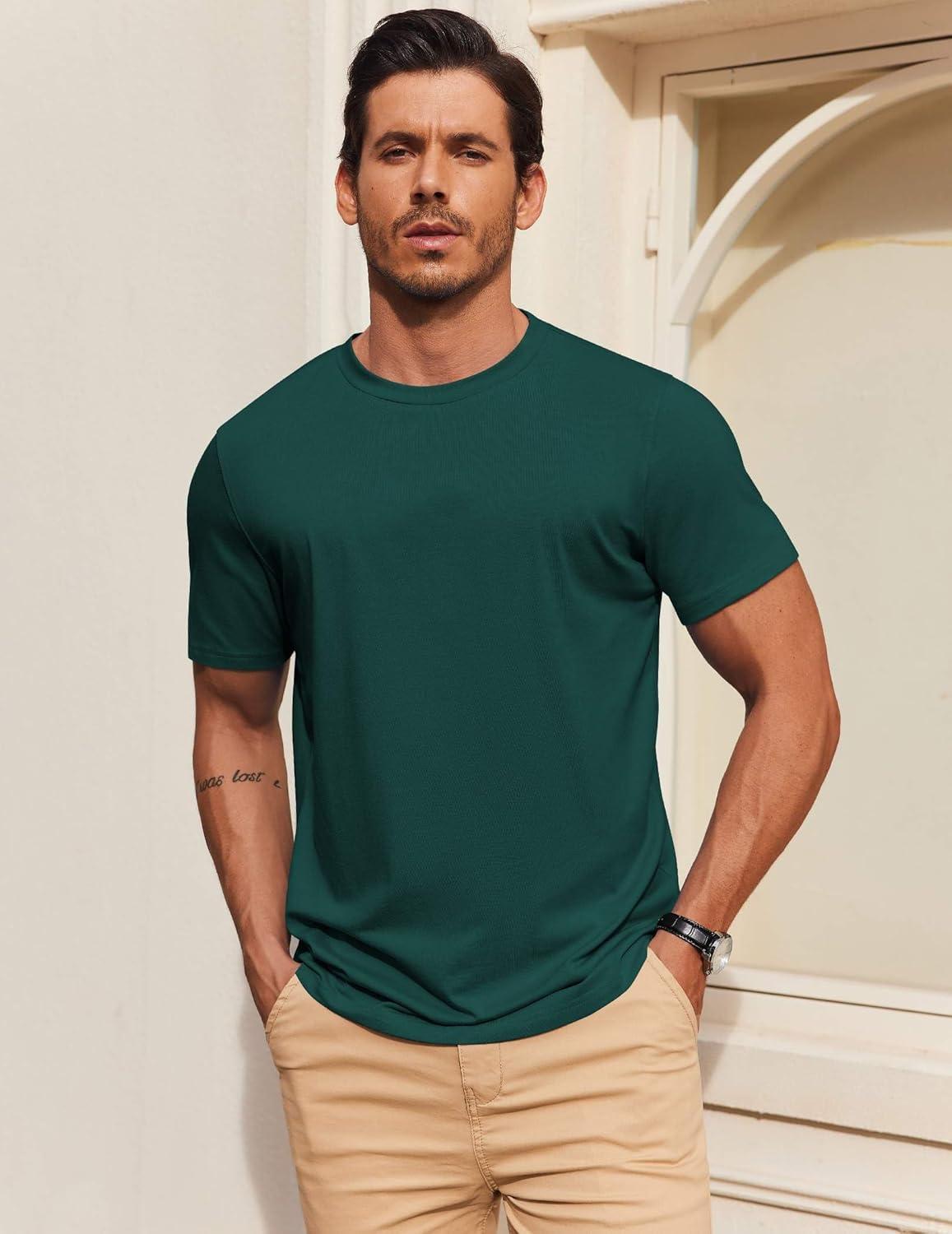 imageCOOFANDY Mens T Shirt Short Sleeve Cotton Blend TShirts Crew Neck Casual Summer Basic Tee ShirtsLake Green