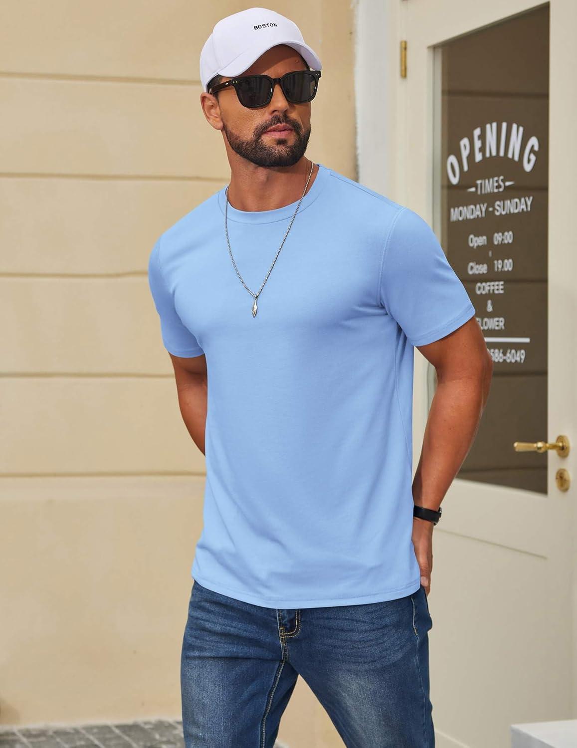 imageCOOFANDY Mens T Shirt Short Sleeve Cotton Blend TShirts Crew Neck Casual Summer Basic Tee ShirtsLight Blue