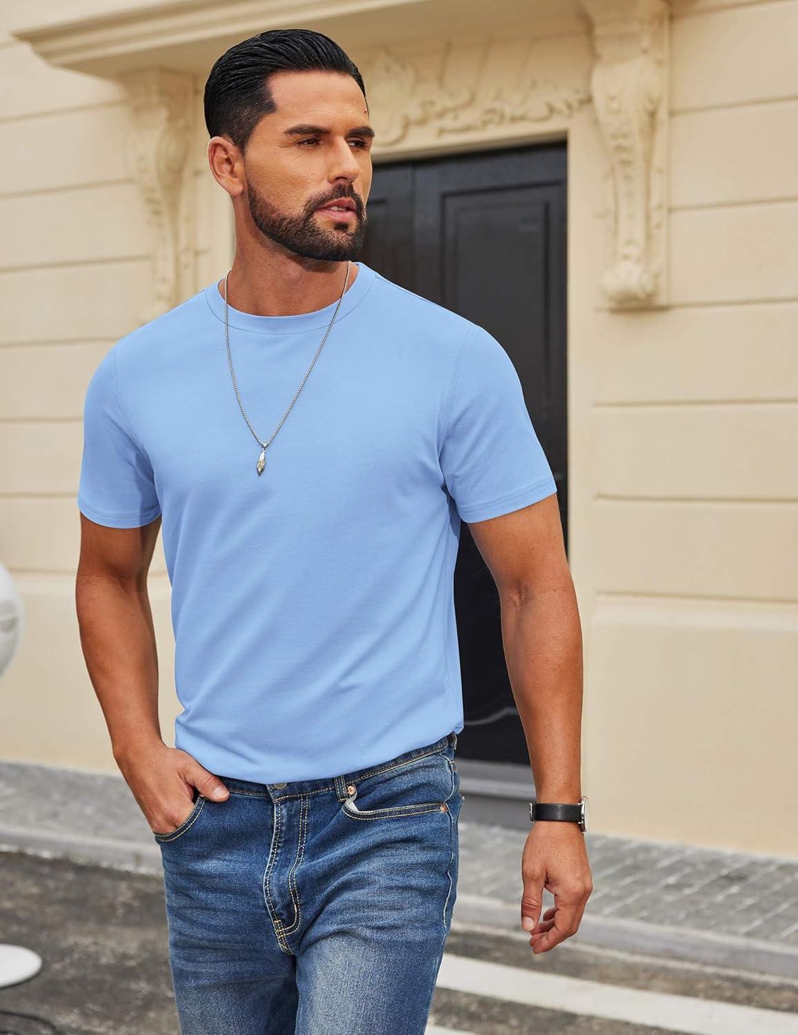 imageCOOFANDY Mens T Shirt Short Sleeve Cotton Blend TShirts Crew Neck Casual Summer Basic Tee ShirtsLight Blue