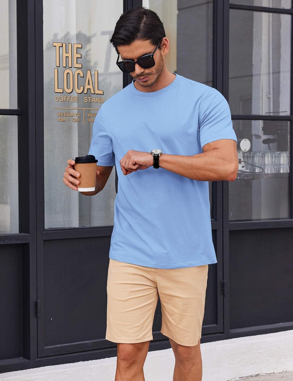 imageCOOFANDY Mens T Shirt Short Sleeve Cotton Blend TShirts Crew Neck Casual Summer Basic Tee ShirtsLight Blue