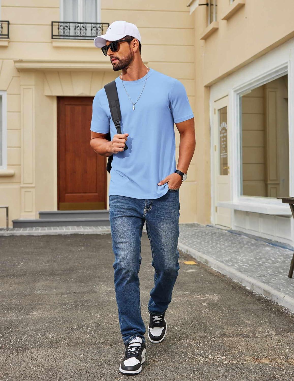 imageCOOFANDY Mens T Shirt Short Sleeve Cotton Blend TShirts Crew Neck Casual Summer Basic Tee ShirtsLight Blue