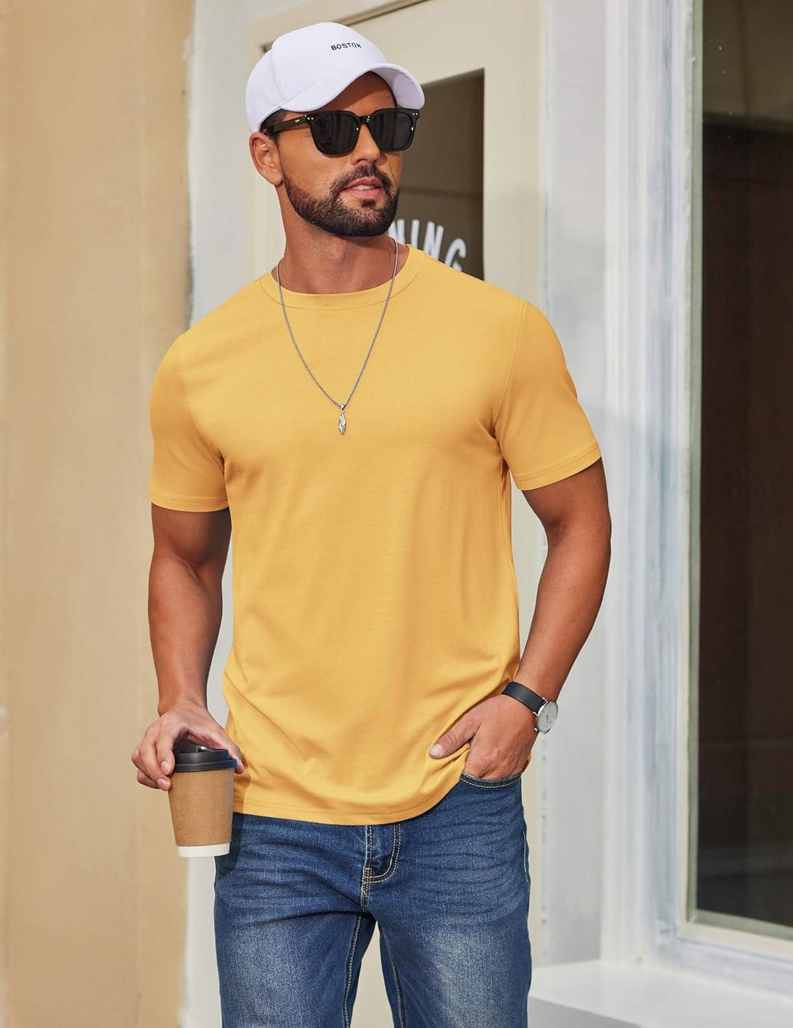 imageCOOFANDY Mens T Shirt Short Sleeve Cotton Blend TShirts Crew Neck Casual Summer Basic Tee ShirtsTurmeric