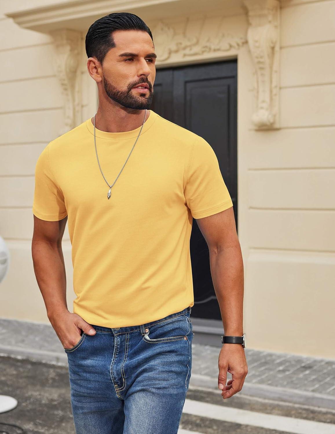 imageCOOFANDY Mens T Shirt Short Sleeve Cotton Blend TShirts Crew Neck Casual Summer Basic Tee ShirtsTurmeric