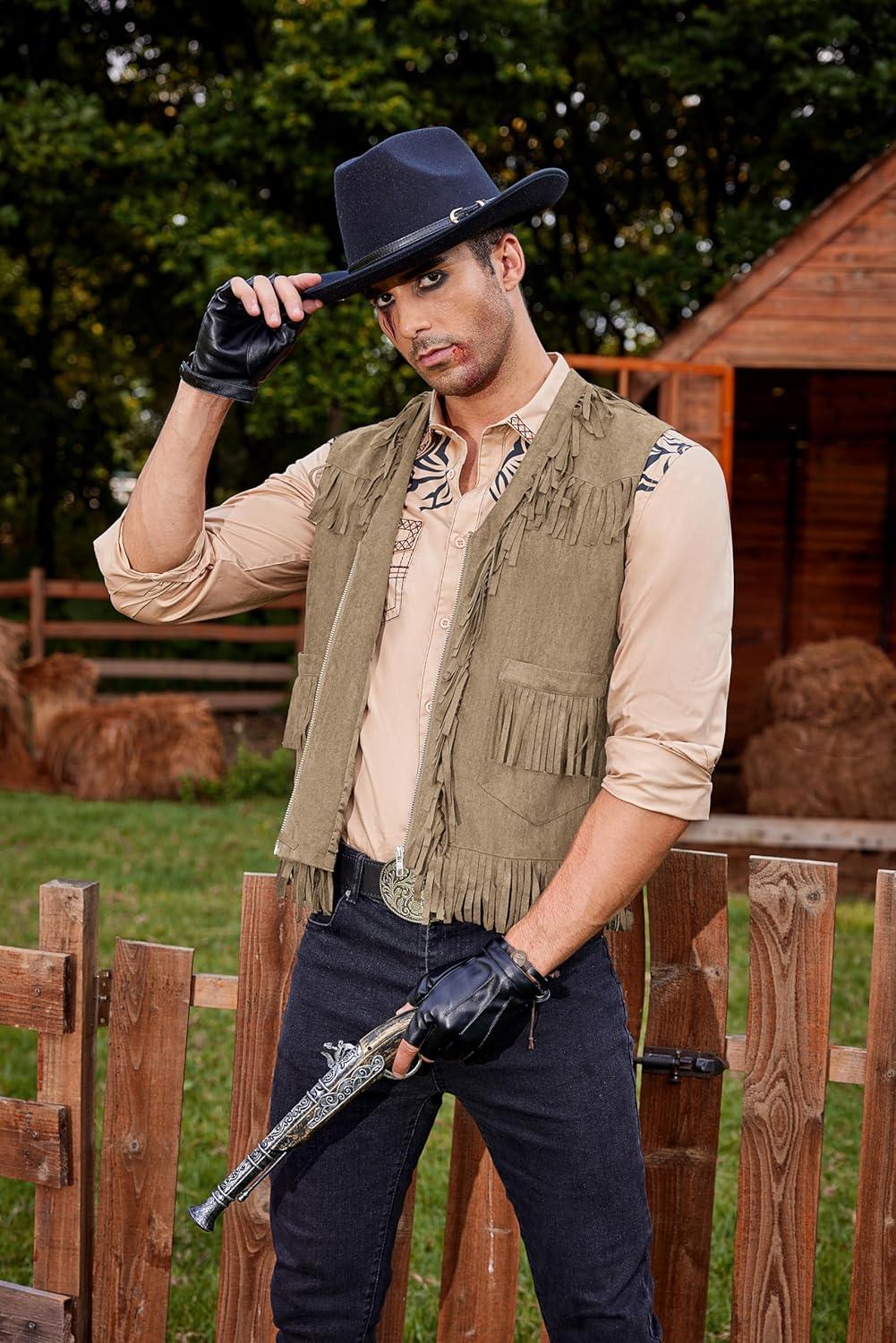 imageCOOFANDY Mens Western Cowboy Vest Casual Fringe Hippie Costume V Neck Zipper Suede Leather WaistcoatKhaki