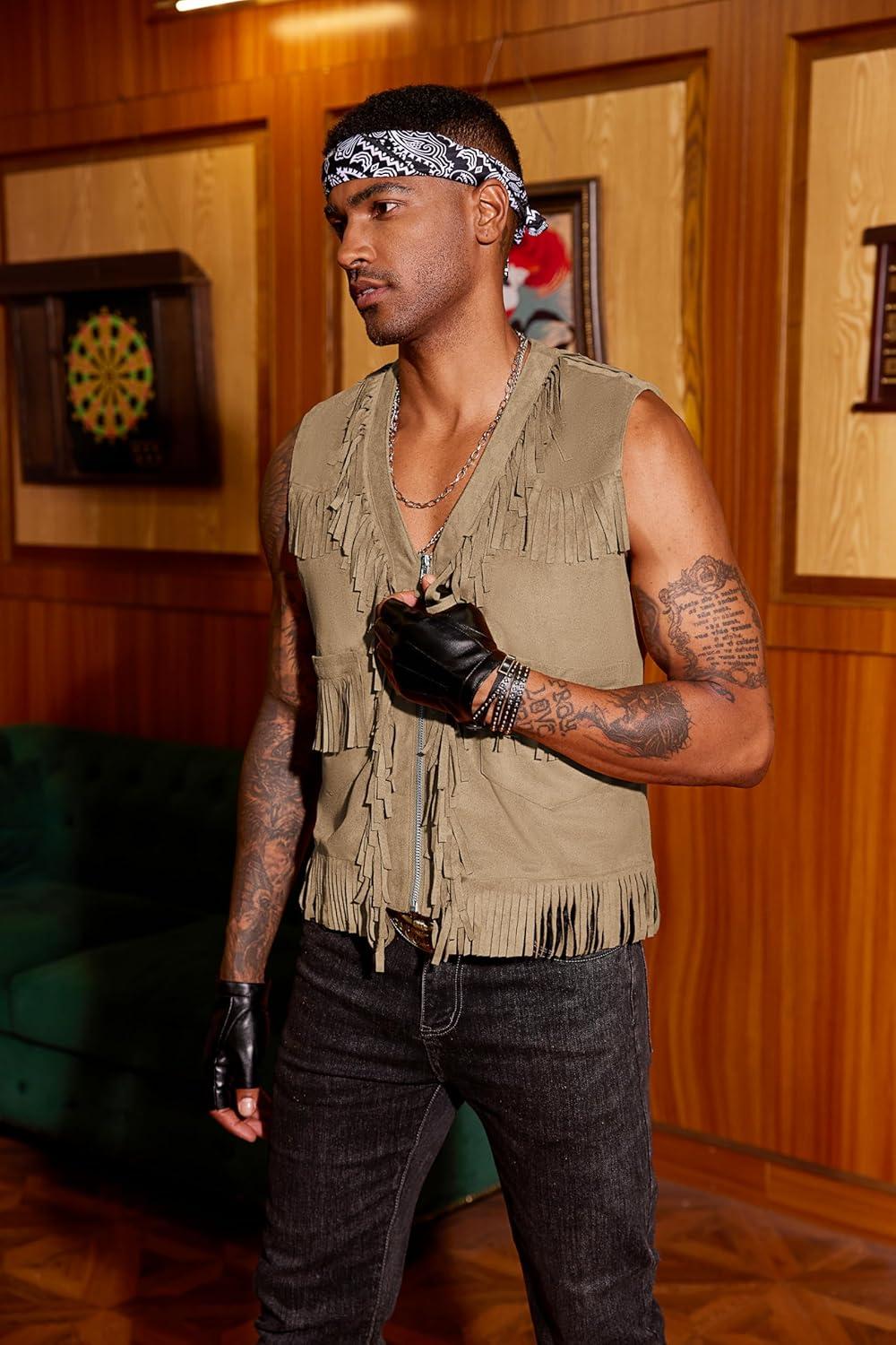 imageCOOFANDY Mens Western Cowboy Vest Casual Fringe Hippie Costume V Neck Zipper Suede Leather WaistcoatKhaki