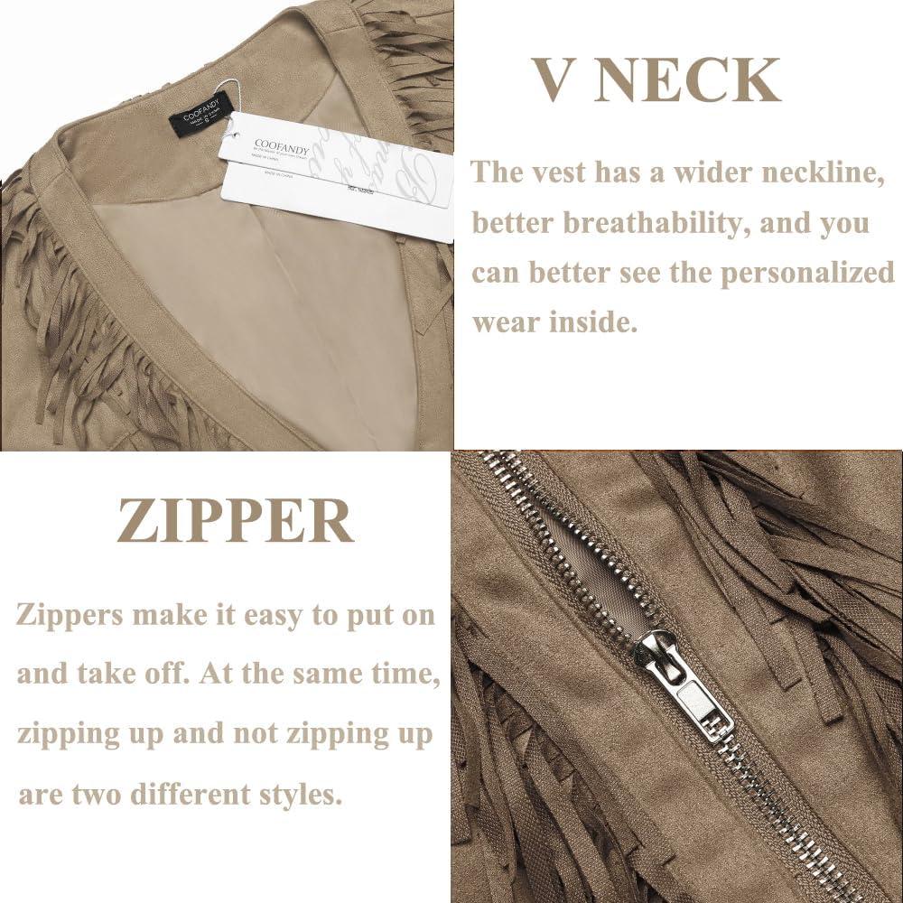 imageCOOFANDY Mens Western Cowboy Vest Casual Fringe Hippie Costume V Neck Zipper Suede Leather WaistcoatKhaki