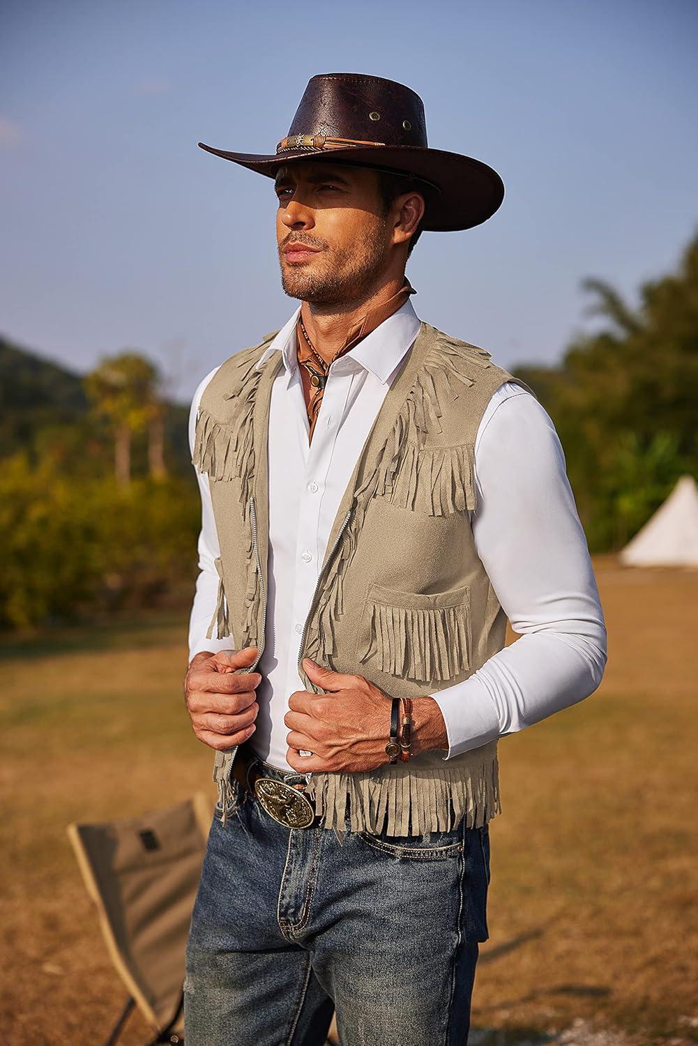 imageCOOFANDY Mens Western Cowboy Vest Casual Fringe Hippie Costume V Neck Zipper Suede Leather WaistcoatKhaki
