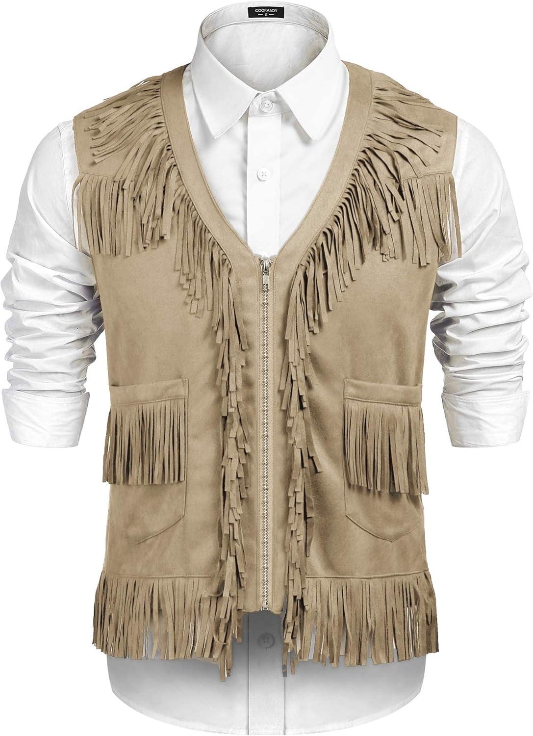 imageCOOFANDY Mens Western Cowboy Vest Casual Fringe Hippie Costume V Neck Zipper Suede Leather WaistcoatKhaki
