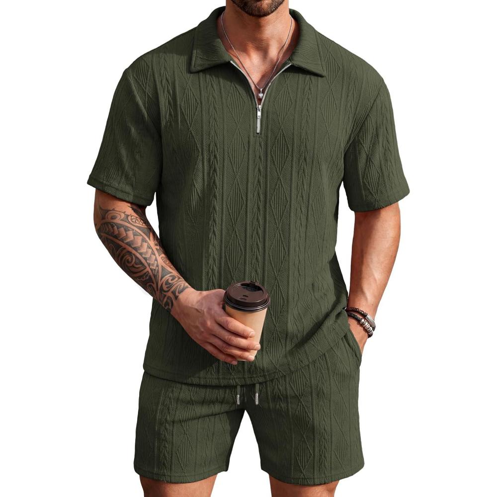 imageCOOFANDY Mens 2 Piece Set Summer Beach Vacation Outfits Quarter Zip Polo Shirt and Shorts SetsArmy Green