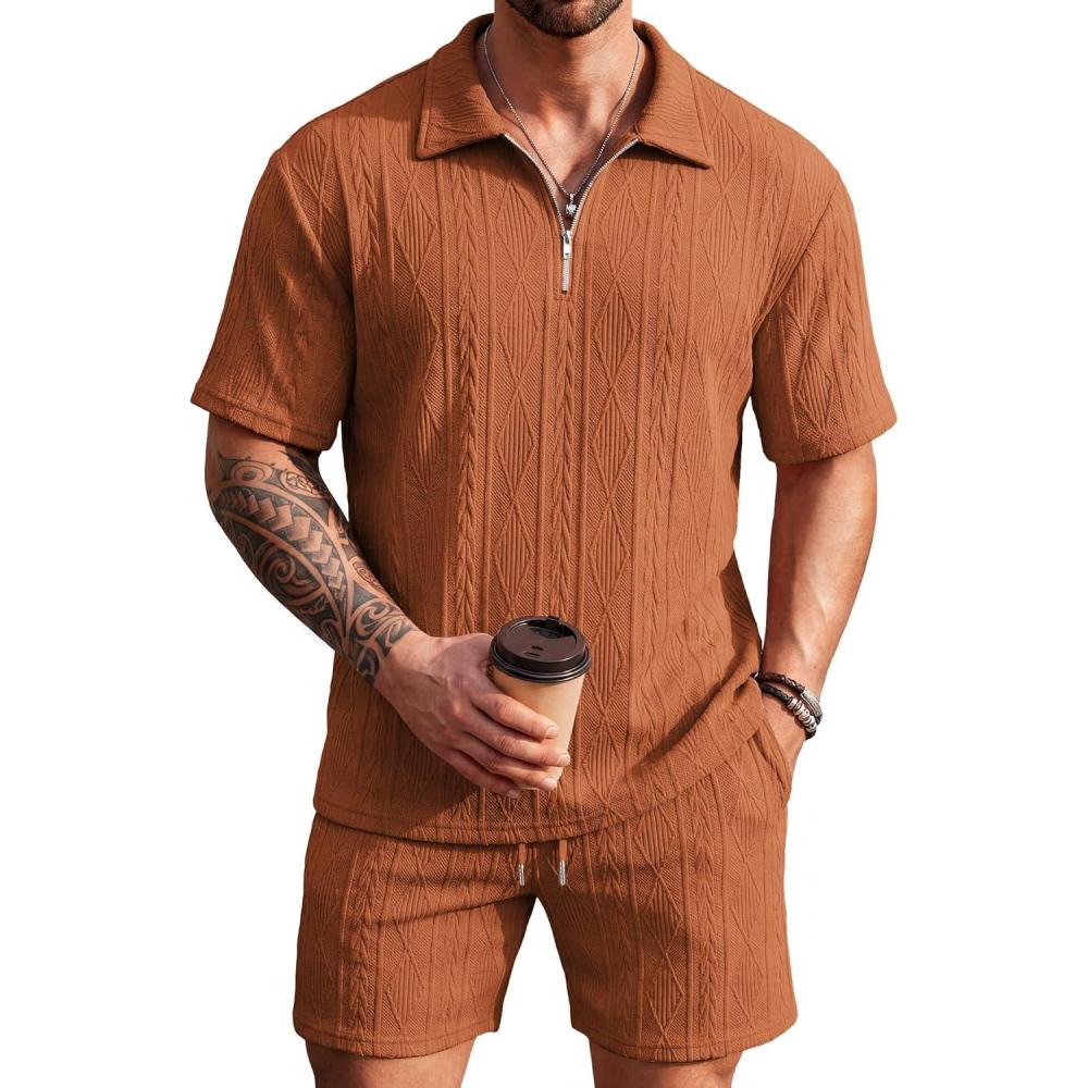 imageCOOFANDY Mens 2 Piece Set Summer Beach Vacation Outfits Quarter Zip Polo Shirt and Shorts SetsBrown