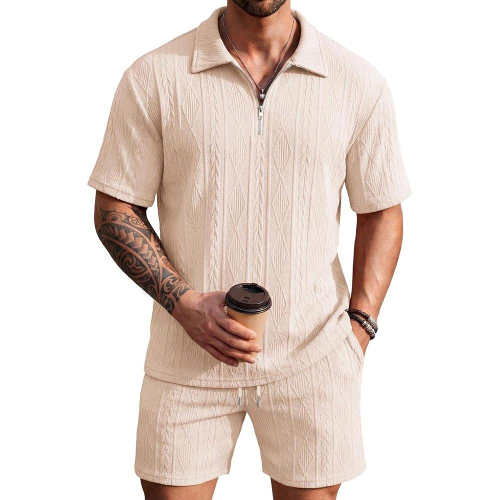 imageCOOFANDY Mens 2 Piece Set Summer Beach Vacation Outfits Quarter Zip Polo Shirt and Shorts SetsCream
