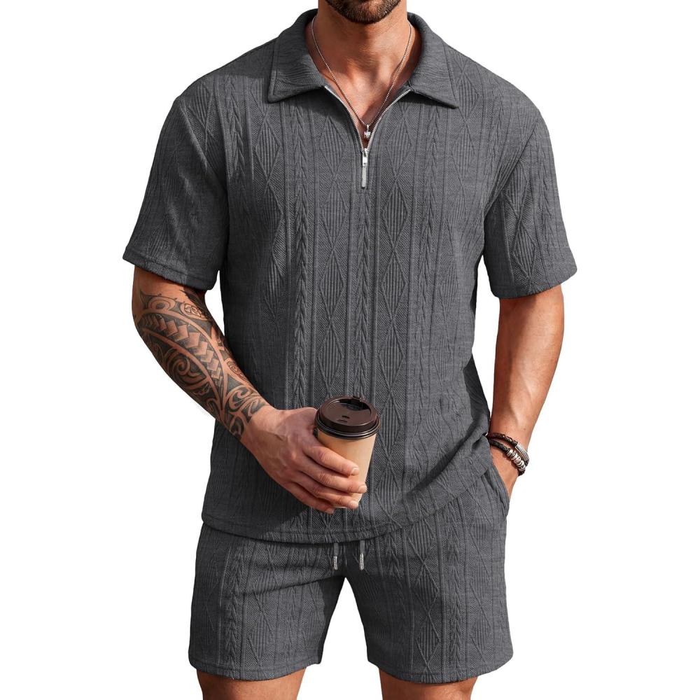 imageCOOFANDY Mens 2 Piece Set Summer Beach Vacation Outfits Quarter Zip Polo Shirt and Shorts SetsDark Gray