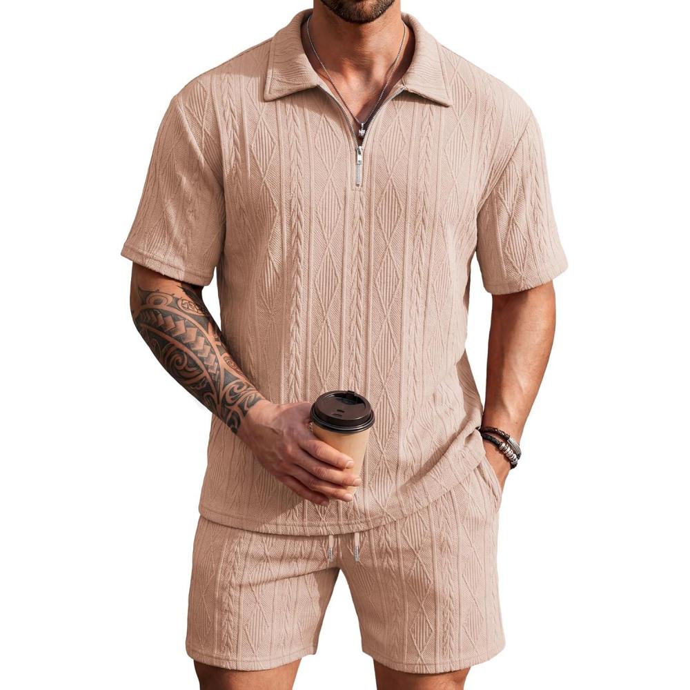 imageCOOFANDY Mens 2 Piece Set Summer Beach Vacation Outfits Quarter Zip Polo Shirt and Shorts SetsKhaki